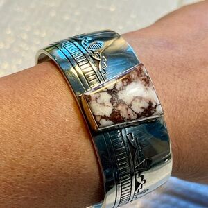 White Buffalo Turquoise SS Cuff Bracelet by CJ bought directly from Taos Pueblo.